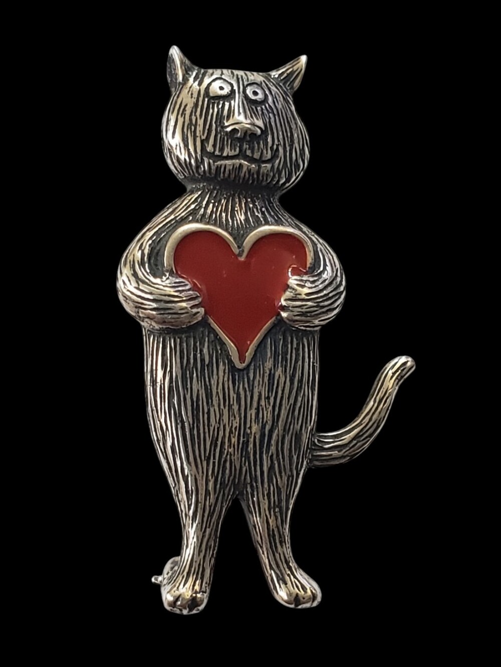 Sterling Silver Edward Gorey Heart Cat Pin Brooch Signed